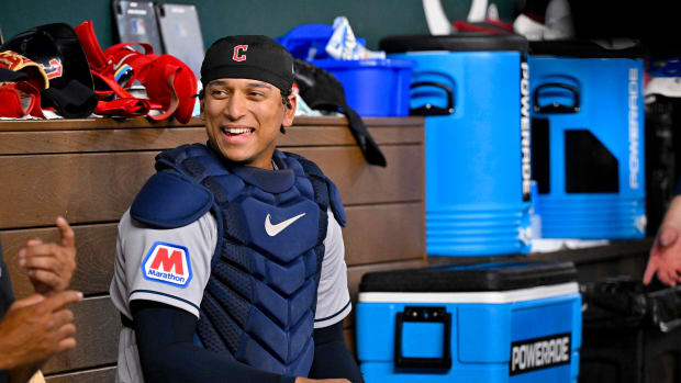 Jul 14, 2023; Arlington, Texas, USA; Cleveland Guardians catcher Bo Naylor (23) prepares to take the field against the Texas Rangers during the fourth inning at Globe Life Field. Mandatory Credit: Jerome Miron-USA TODAY Sports